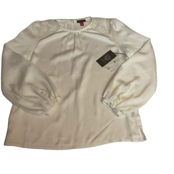 Vince Camuto Blouse Round Neck White New Ivory Lace Bishop Sleeves Lined Small - Picture 7 of 11
